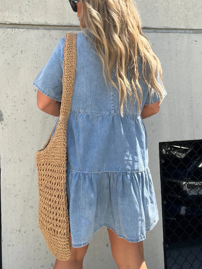 Denim Ruffle V-Neck Mini Dress