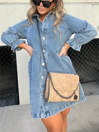 Button Denim Bubble Sleeve Dress