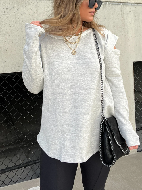 Cut Out Sleeve Raw Edge Solid Sweatshirt