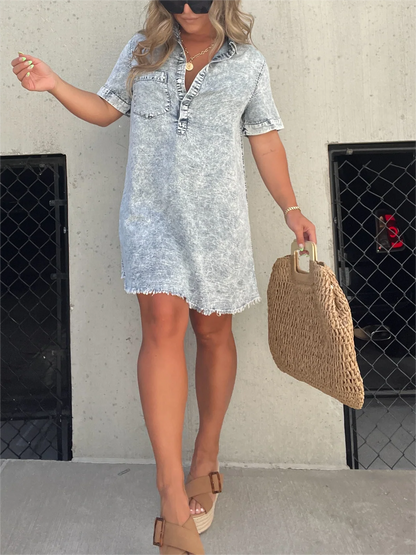Women's Washed Short Sleeve Shirt Short Skirt