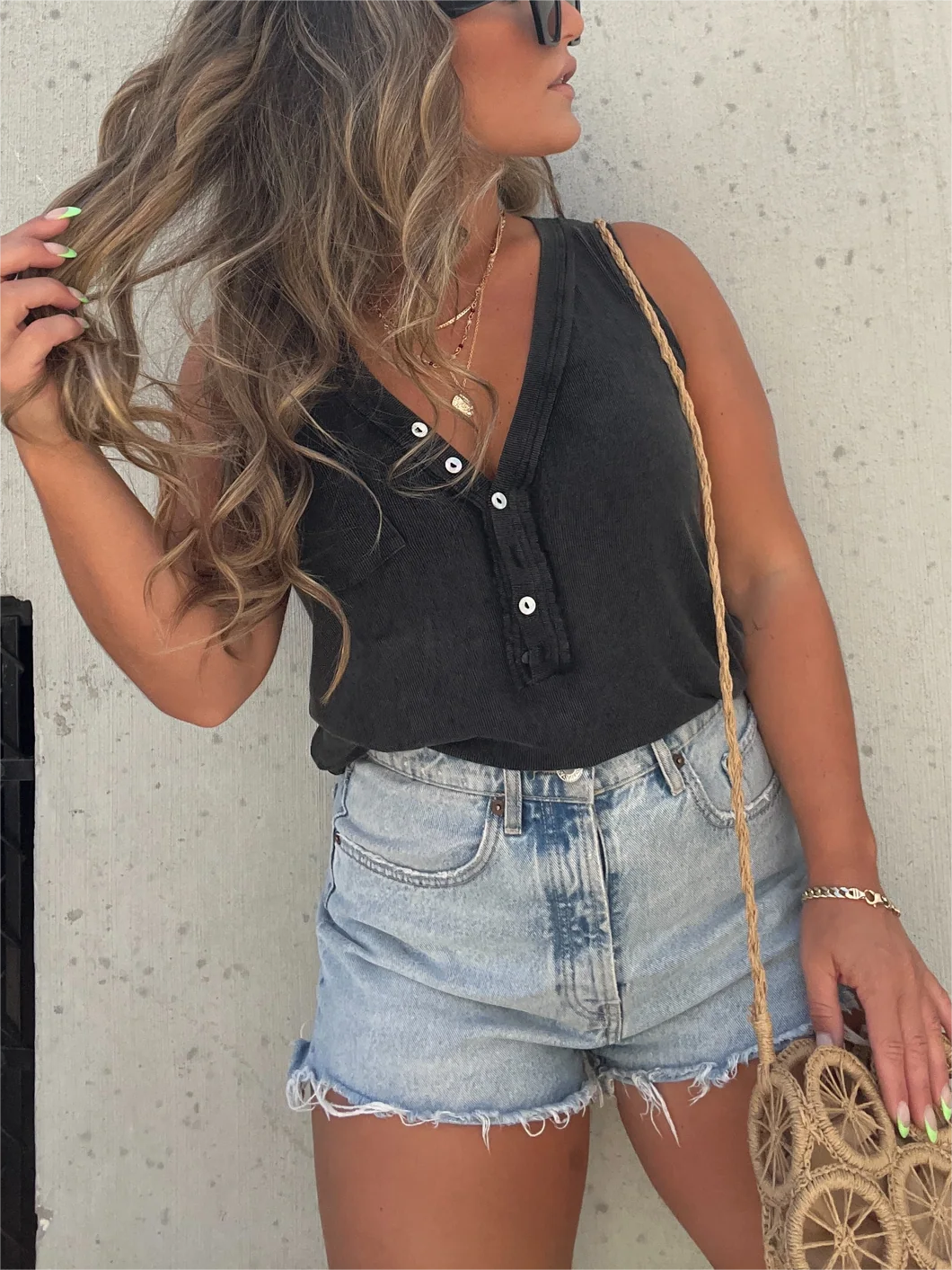 New Women's Washed Button Tank