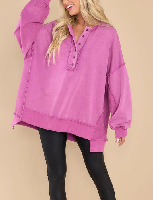 Women's Oversized Casual Buttoned Henley Sweatshirt