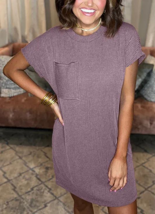 New In - Ribbed Round Neck Pocket Dress
