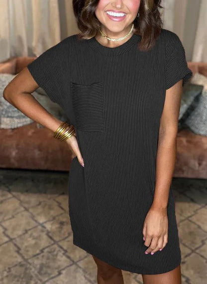 New In - Ribbed Round Neck Pocket Dress