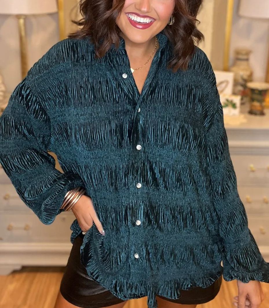 Women's Shirred Velvet Button Down Top