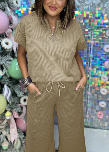 New Textured Loose Zip Top and Drawstring Pants Casual Set