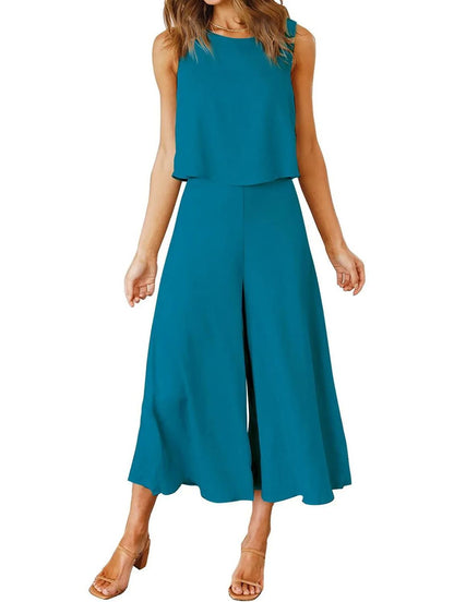 Women's Sleeveless Tank Crop Top Wide Leg Flowy Pants Set