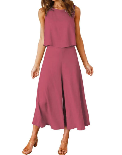 Women's Sleeveless Tank Crop Top Wide Leg Flowy Pants Set