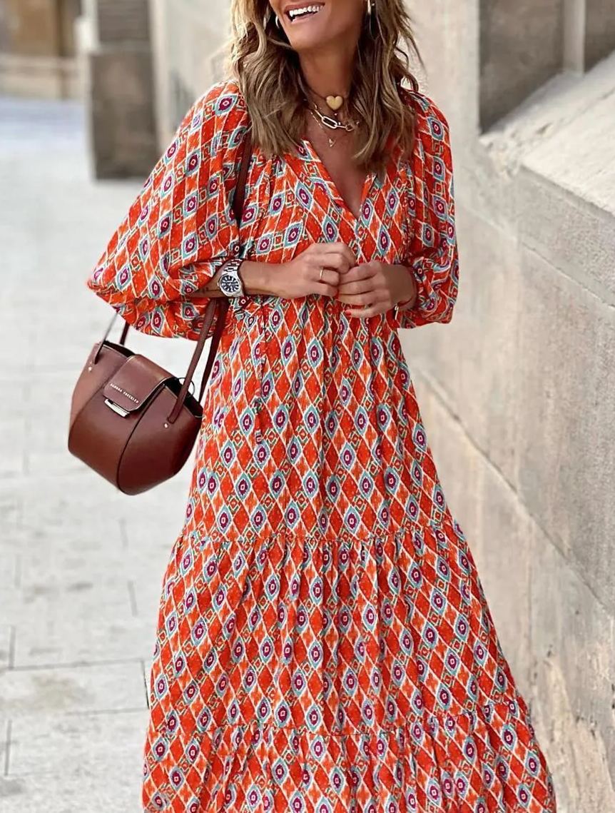 Women's Puff Sleeve Smocked Ruffle Boho Maxi Dress