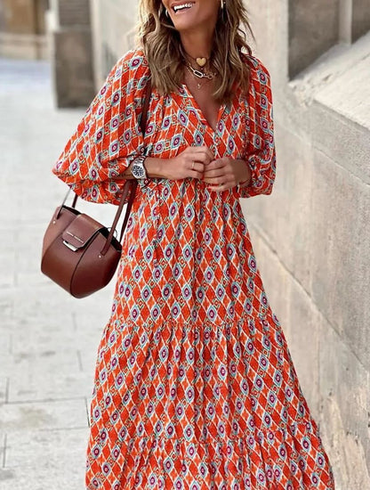 Women's Puff Sleeve Smocked Ruffle Boho Maxi Dress