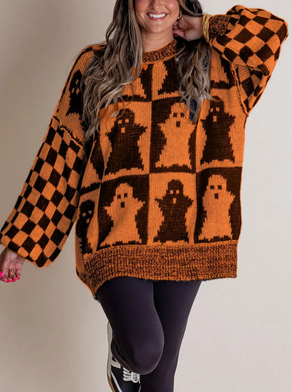 Women's Halloween Checkered Sweater - Spooky Season