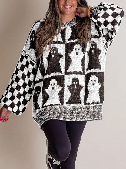 Women's Halloween Checkered Sweater - Spooky Season