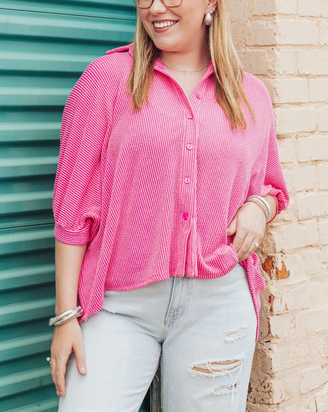 Women's Dolman Sleeves Ribbed Button Down Top