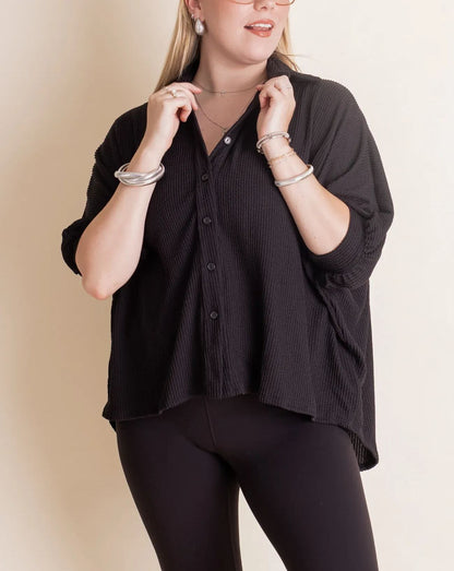 Women's Dolman Sleeves Ribbed Button Down Top
