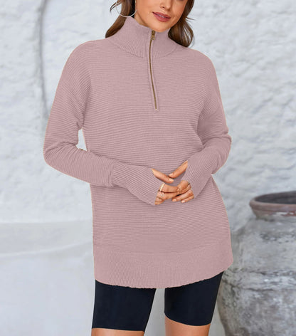 Women's Half Zip Oversized Ribbed Knit Pullover Sweater (Buy  2 Free Shipping )