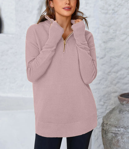 Women's Half Zip Oversized Ribbed Knit Pullover Sweater (Buy  2 Free Shipping )