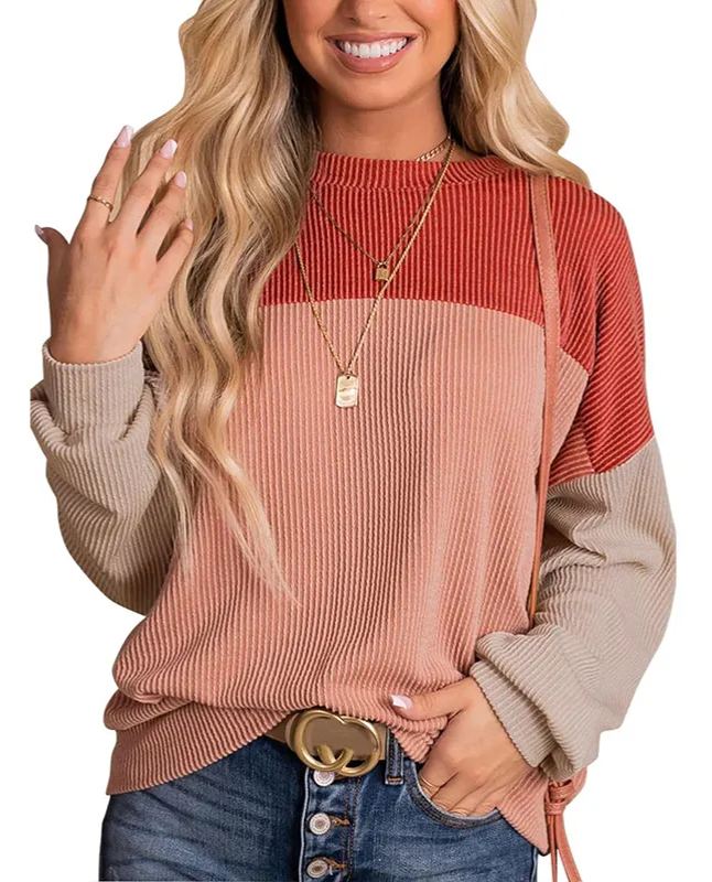 Women's Crewneck Color Block Ribbed Tops