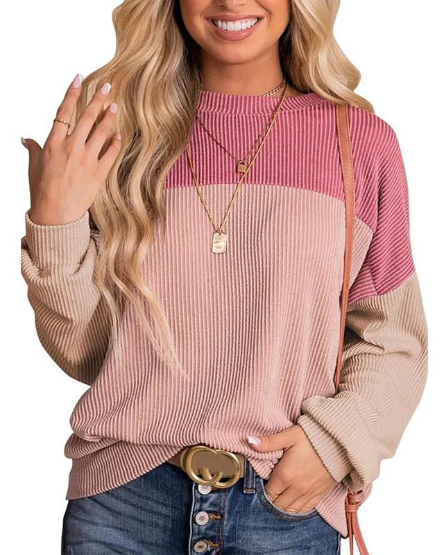 Women's Crewneck Color Block Ribbed Tops