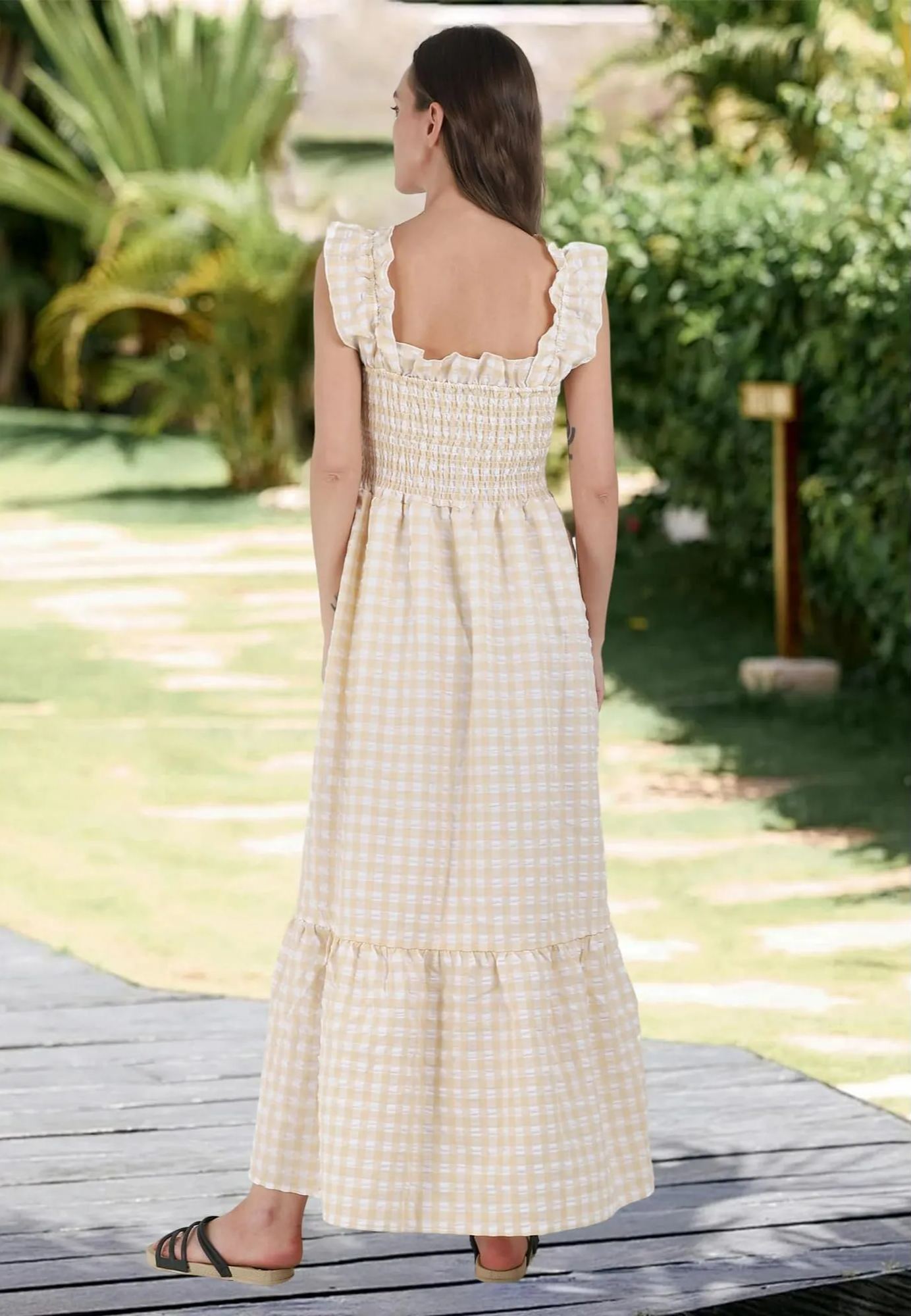 Women's Retro Plaid Smocked Flounce Long Dress