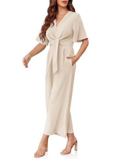 Women's V Neck Tie Knot Front Wide Leg Jumpsuits