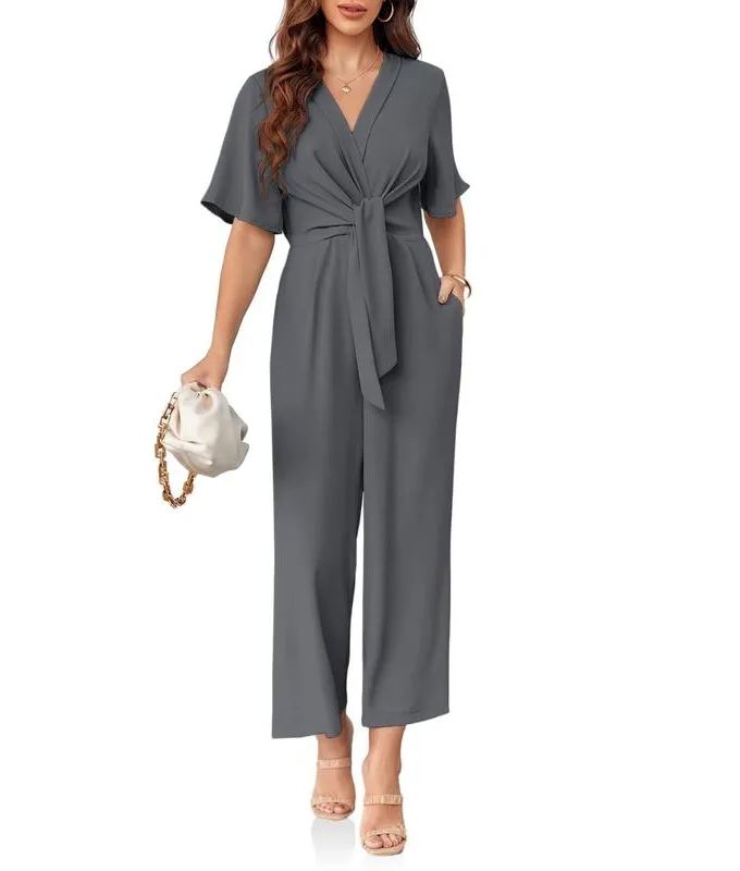 Women's V Neck Tie Knot Front Wide Leg Jumpsuits