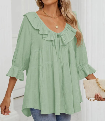 Women's 3/4 Sleeve Tie-Front Ruffled Babydoll Blouse