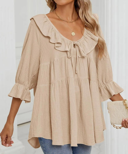 Women's 3/4 Sleeve Tie-Front Ruffled Babydoll Blouse