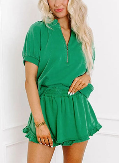 Women's Casual Half-zip Top and Ruffle Shorts Set