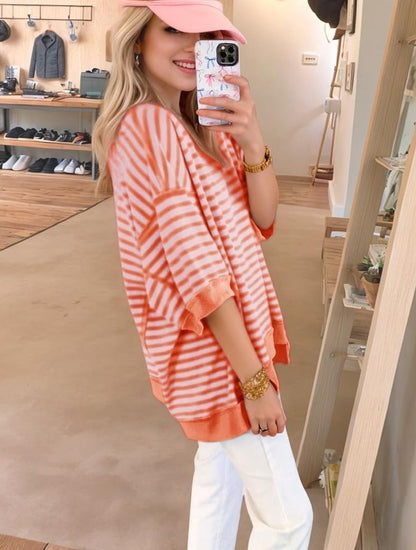 Women's Oversized Striped Color Block Half Sleeve Tops