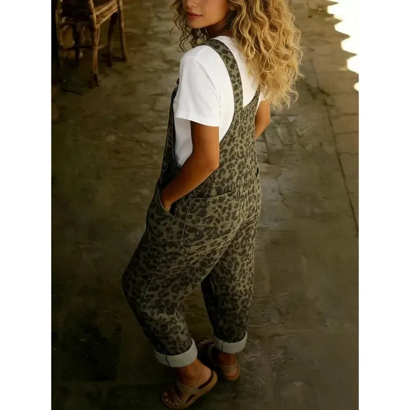 Women's Vintage Leopard Print Adjustable Strap Overalls