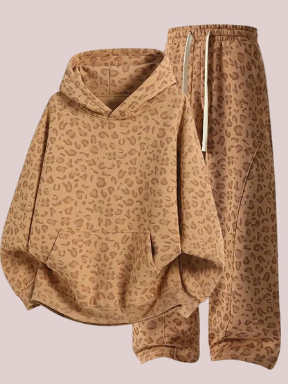 Women's Leopard Print Oversized Hoodie & Wide Leg Sweatpants Set