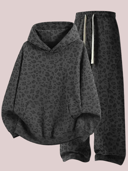 Women's Leopard Print Oversized Hoodie & Wide Leg Sweatpants Set