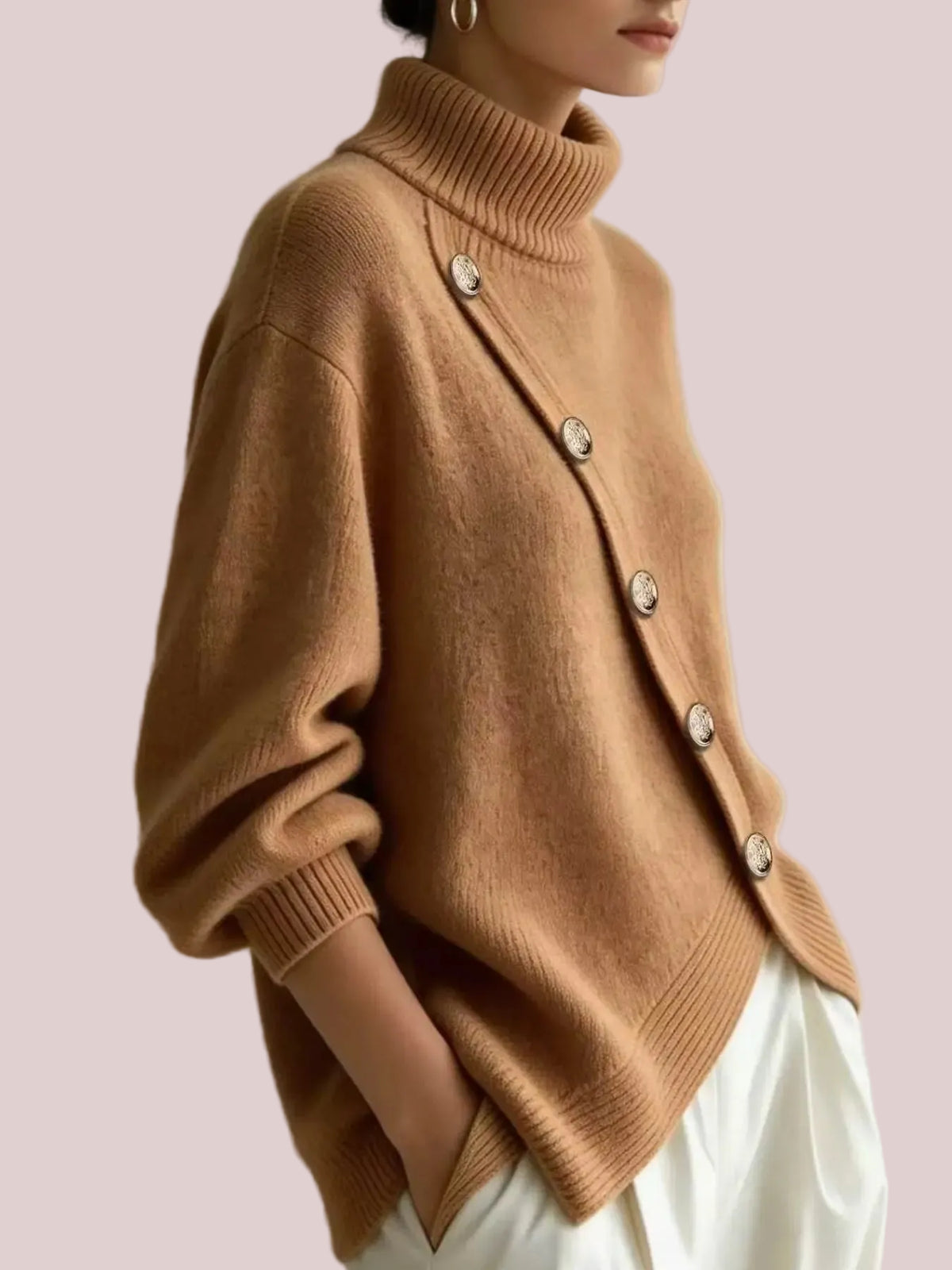 Women's Minimalist Asymmetric Button Turtleneck Sweater