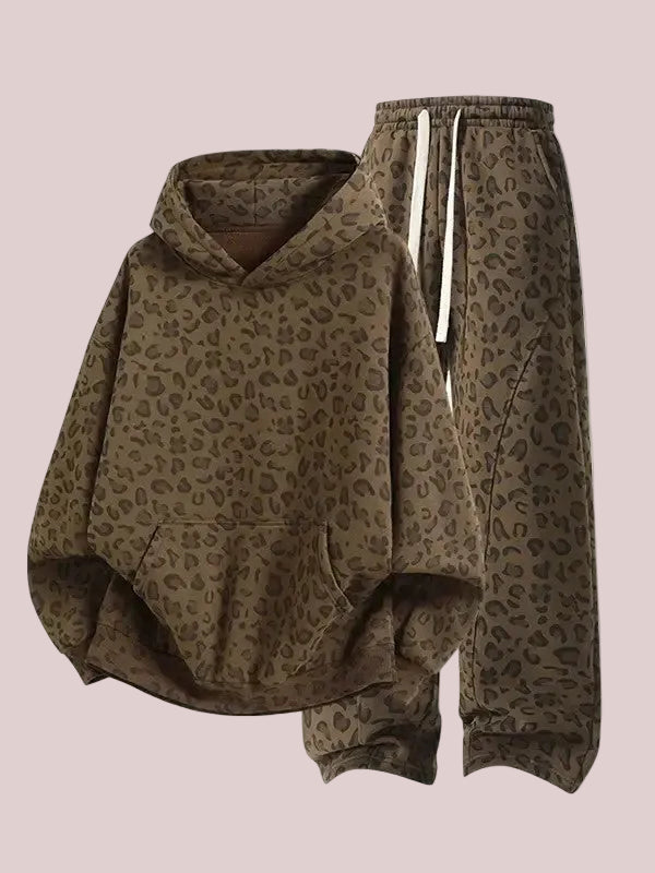 Women's Leopard Print Oversized Hoodie & Wide Leg Sweatpants Set