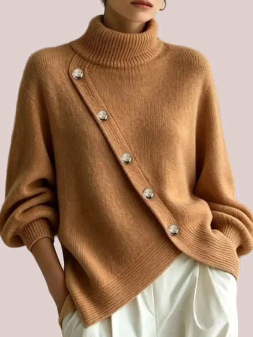 Women's Minimalist Asymmetric Button Turtleneck Sweater