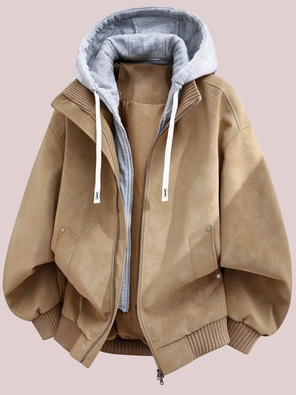 Vintage Distressed Fake Two-Piece Hooded Bomber Jacket