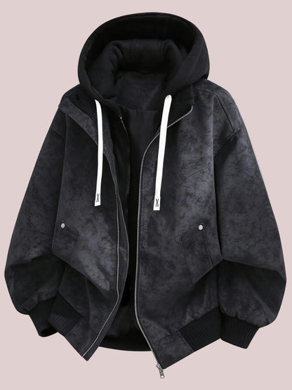 Vintage Distressed Fake Two-Piece Hooded Bomber Jacket