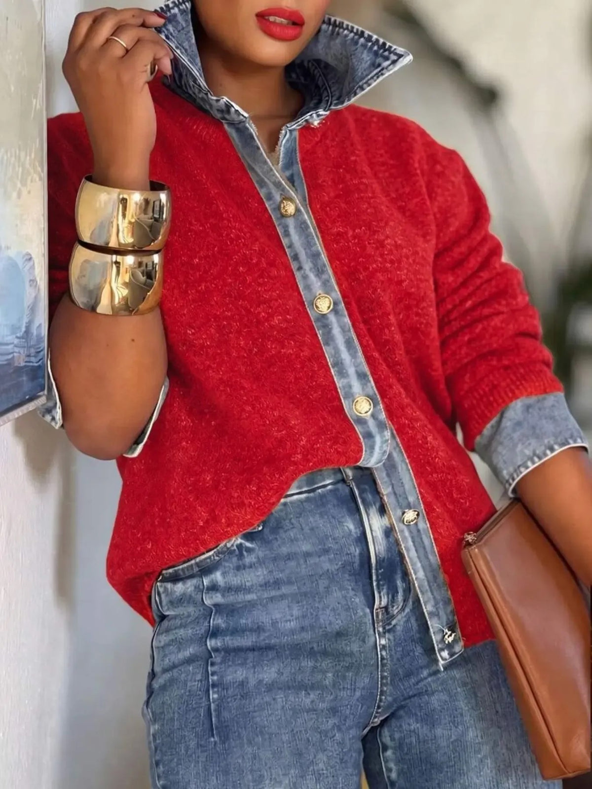 Women's Denim-Collar Fuzzy Knit Button Cardigan