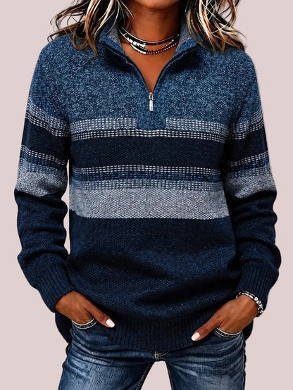 Women's Quarter Zip Color Block Striped Knit Sweater