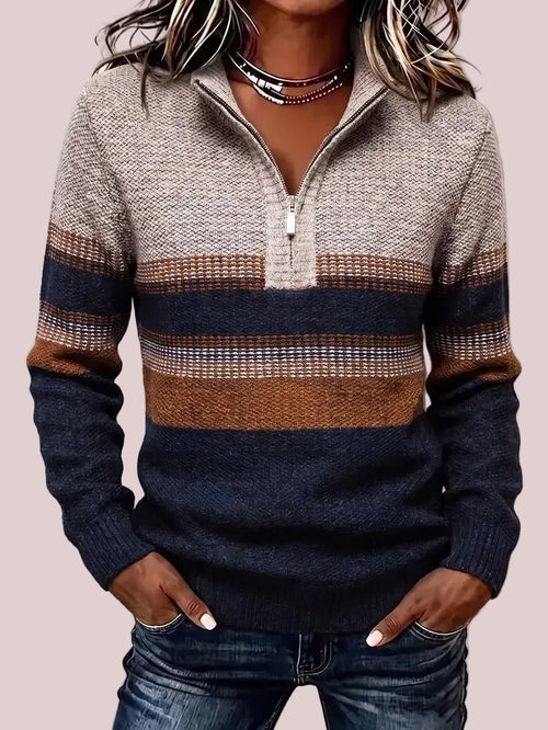 Women's Quarter Zip Color Block Striped Knit Sweater