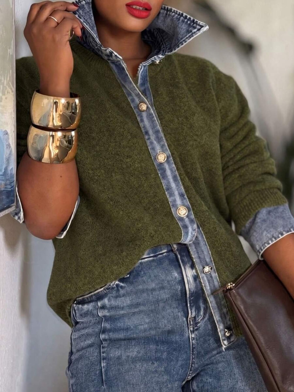 Women's Denim-Collar Fuzzy Knit Button Cardigan