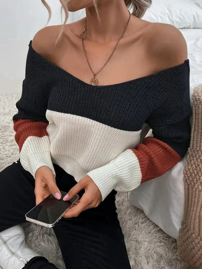 Women's Off Shoulder Color Block Twist Back Cropped Sweater