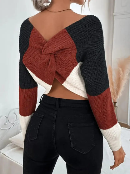 Women's Off Shoulder Color Block Twist Back Cropped Sweater