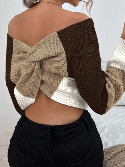 Women's Off Shoulder Color Block Twist Back Cropped Sweater