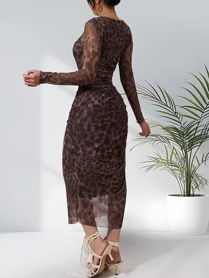Women's Leopard Print Mesh Midi Dress