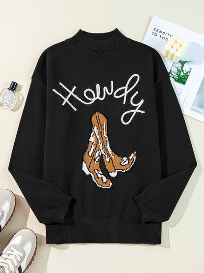 Western Howdy Boot Graphic High Neck Sweater