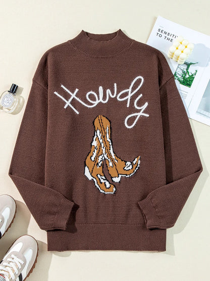 Western Howdy Boot Graphic High Neck Sweater