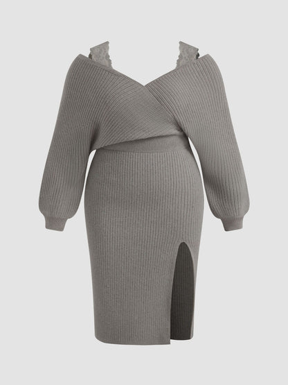 Knitted V-neck Split Lace Curve Dress