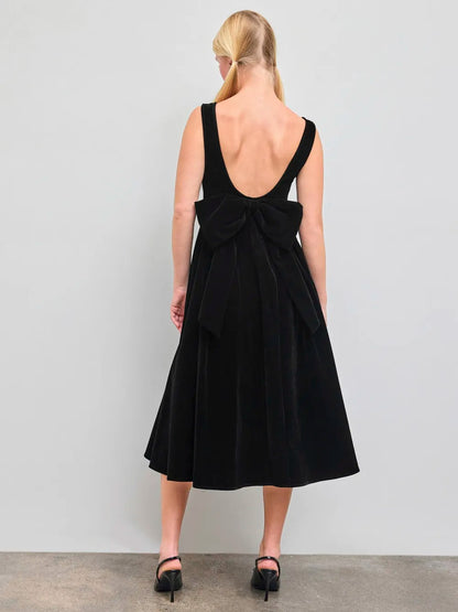 Boat Neck Bowknot Backless Midi Dress
