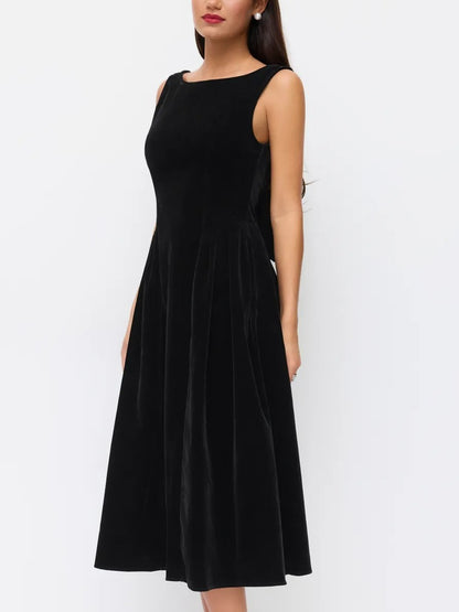 Boat Neck Bowknot Backless Midi Dress